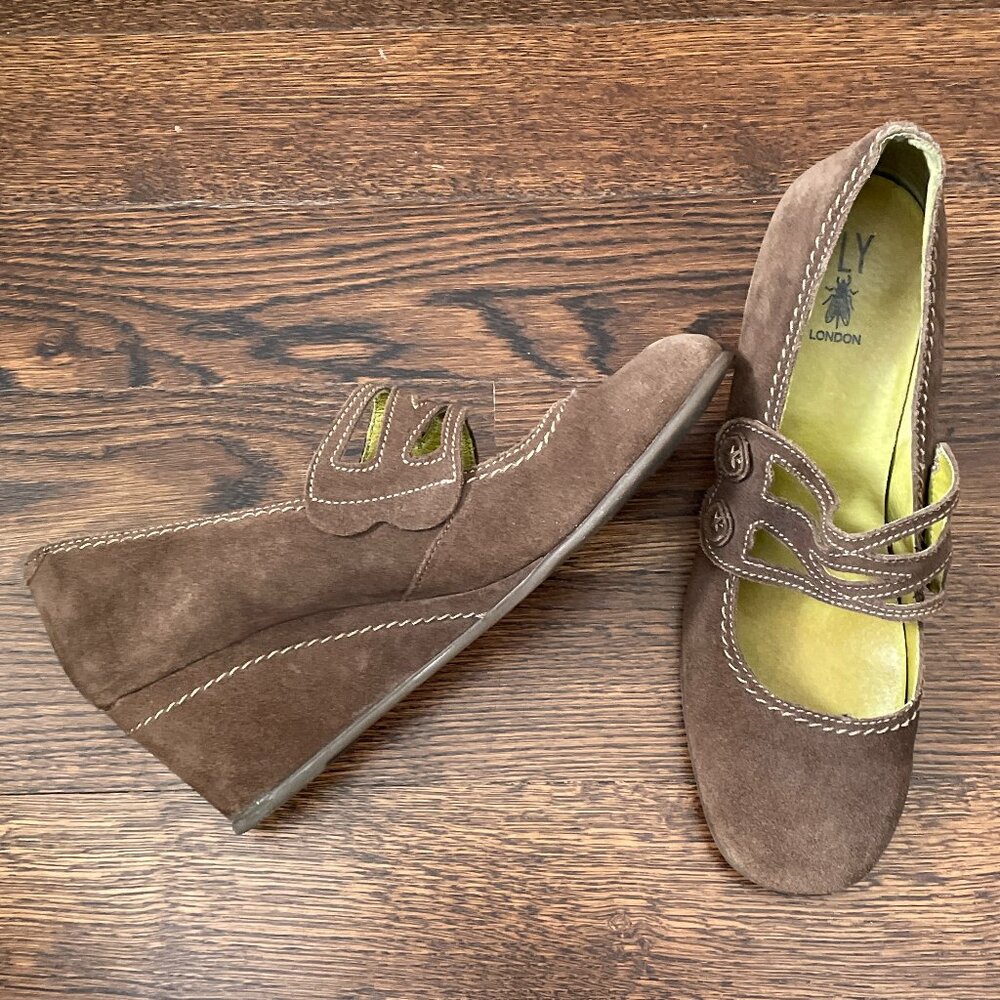 Fly London Brown Suede Wedge Mary Jane Shoes